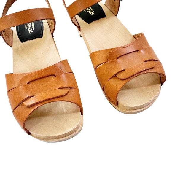NEW Swedish Hasbeens Peep Toe Low Wood Clog Sandals Nature Size 38 US 8 - Picture 5 of 16